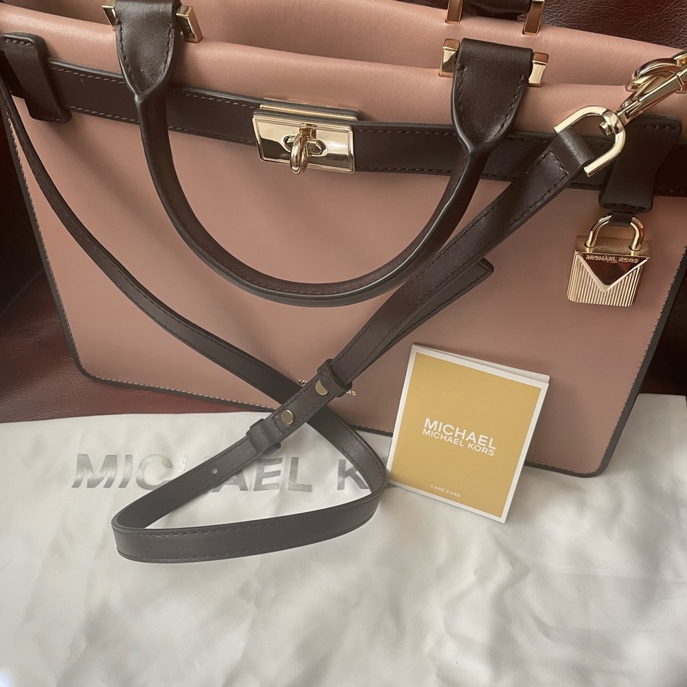 Michael Kors Pink and Brown Leather Satchel with Gold Hardware